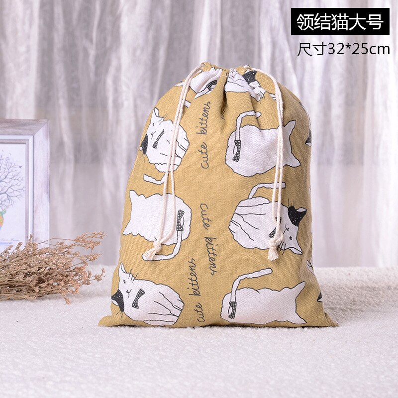 Cotton Linen Cat Pattern Beam Drawstring Bag Cosmetic Bag Travel Makeup Case Organizer Women Men Shoes Zakka Storage Pouch: 4 L
