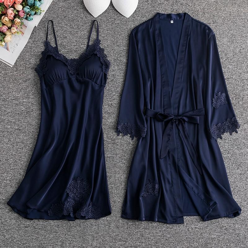 Wit Kant Bruid Bruidsmeisje Wedding Robe Set Vrouwen Zomer Nachtkleding Kimono Badjas Gown Losse Toevallige Slaap Pak Sexy Huis Jurk: Xl / Navy Blue Robe Set B