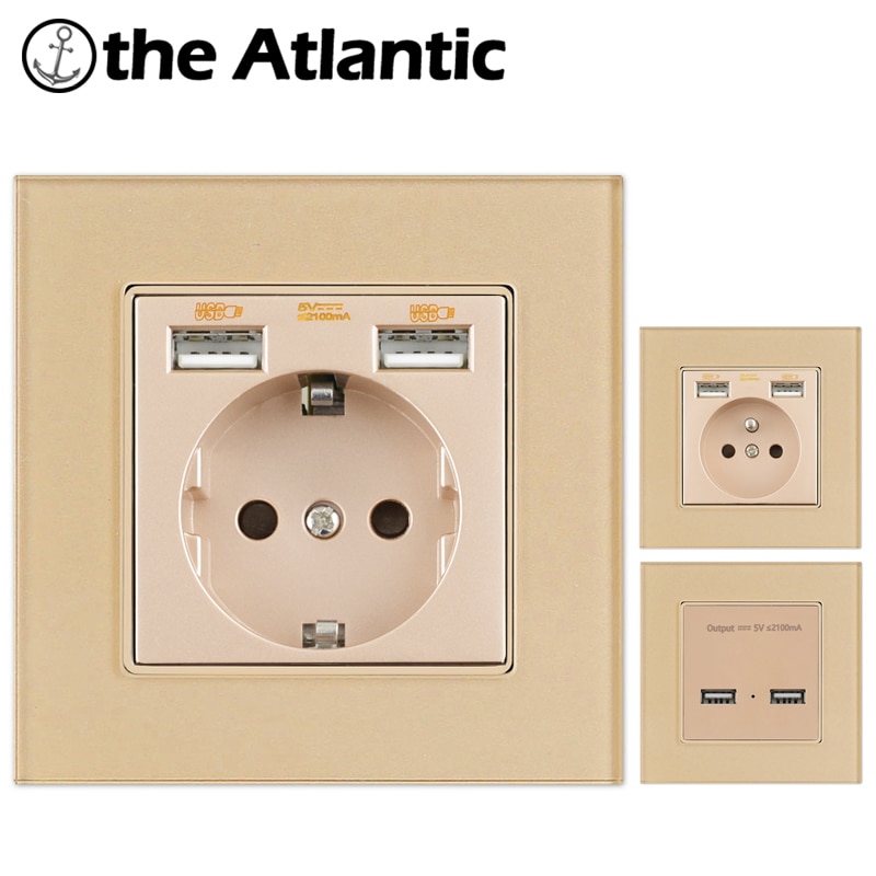 Atlectric EU FR Standard Wall Socket Dual USB Port European French Socket Tempered Glass Panel Outlet Electrical Plug