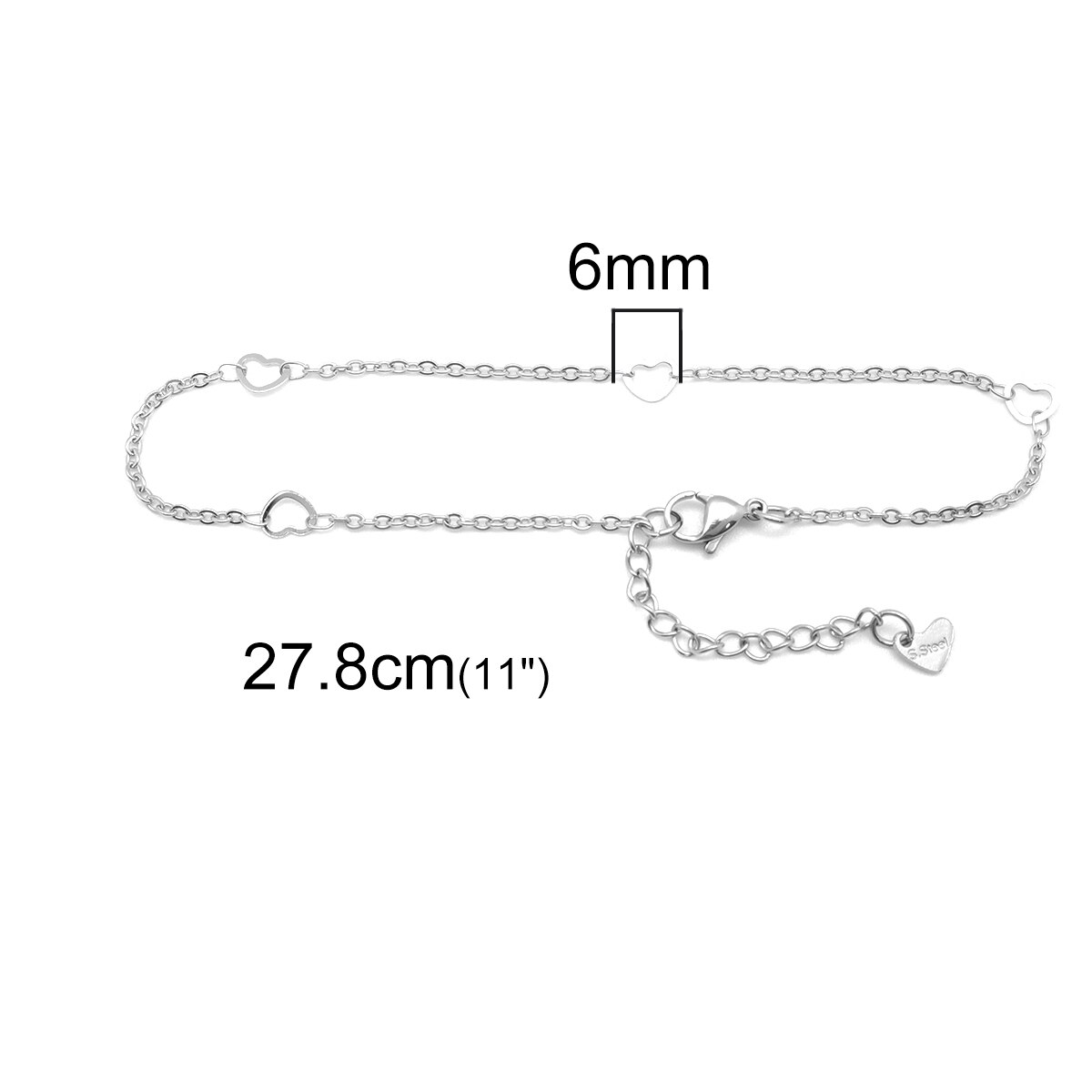 Tiny 304 Rvs Enkelband Voor Vrouwen Zilver Kleur Hart Ketting Enkelbanden Been-Sieraden Voet-Keten Barefoot 23cm(9 ") lange, 1 Stuk