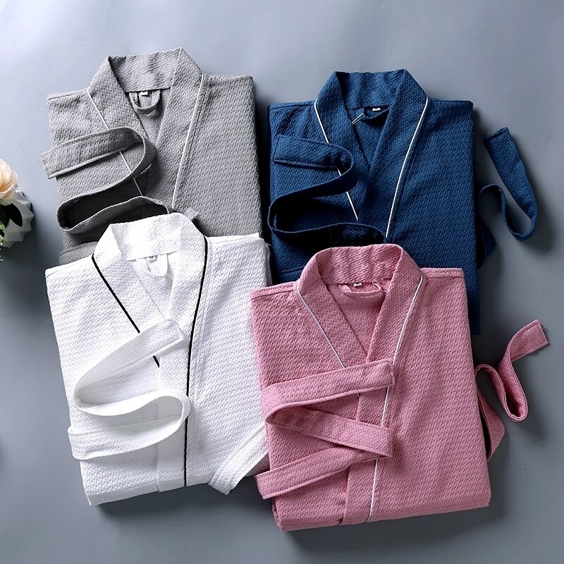 Thin Waffle Bathrobe 100% Cotton Robe Lovers Hotel Robe Men&#39;s Robe Bathrobe Soft Sleeprobe Male Casual Bridesmaid Homewear