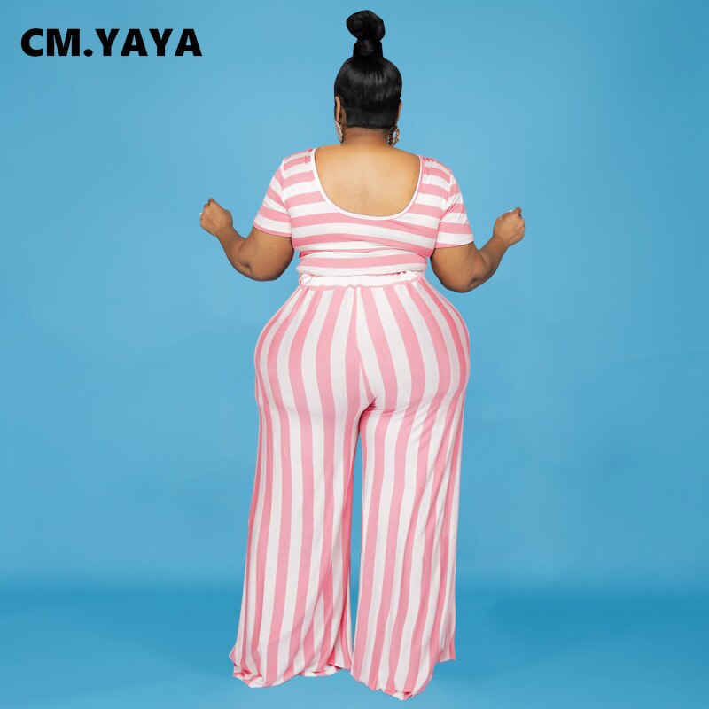 CM.YAYA Women Plus Size Tracksuit Striped Short Sleeve O-neck Tops Wide Leg Loose Pants Two 2 Piece Sets Casual Outfit Summer