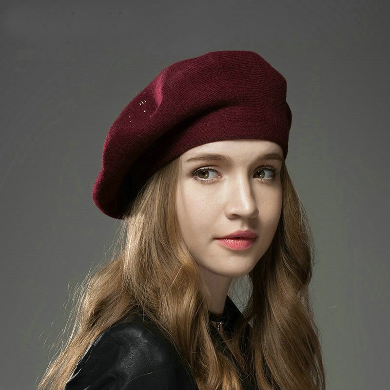 Vinterhatt damer baretter ull cashmere lue kvinner merke casual panser kvinne vintage strikket lue for jenter: Vinrød