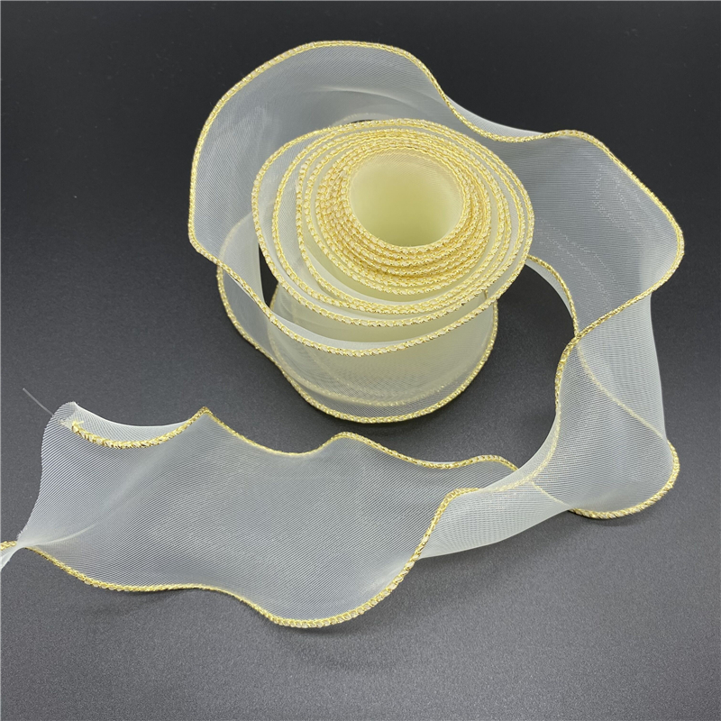 Cinta de Organza de seda con borde ondulado dorado, cintas de encaje para coser, tela, decoración de encaje, 50mm, 1 yarda por lote