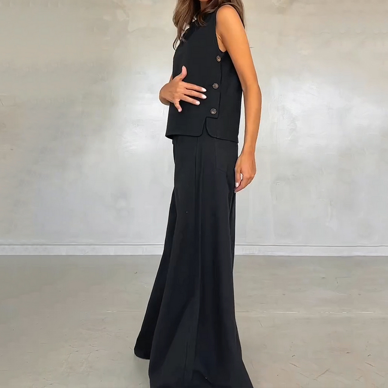Wefads Two Piece Set Women Casual Simple Solid Sleeveless Round Neck Vest Pullover Top Loose Wide Legs Pants Sets