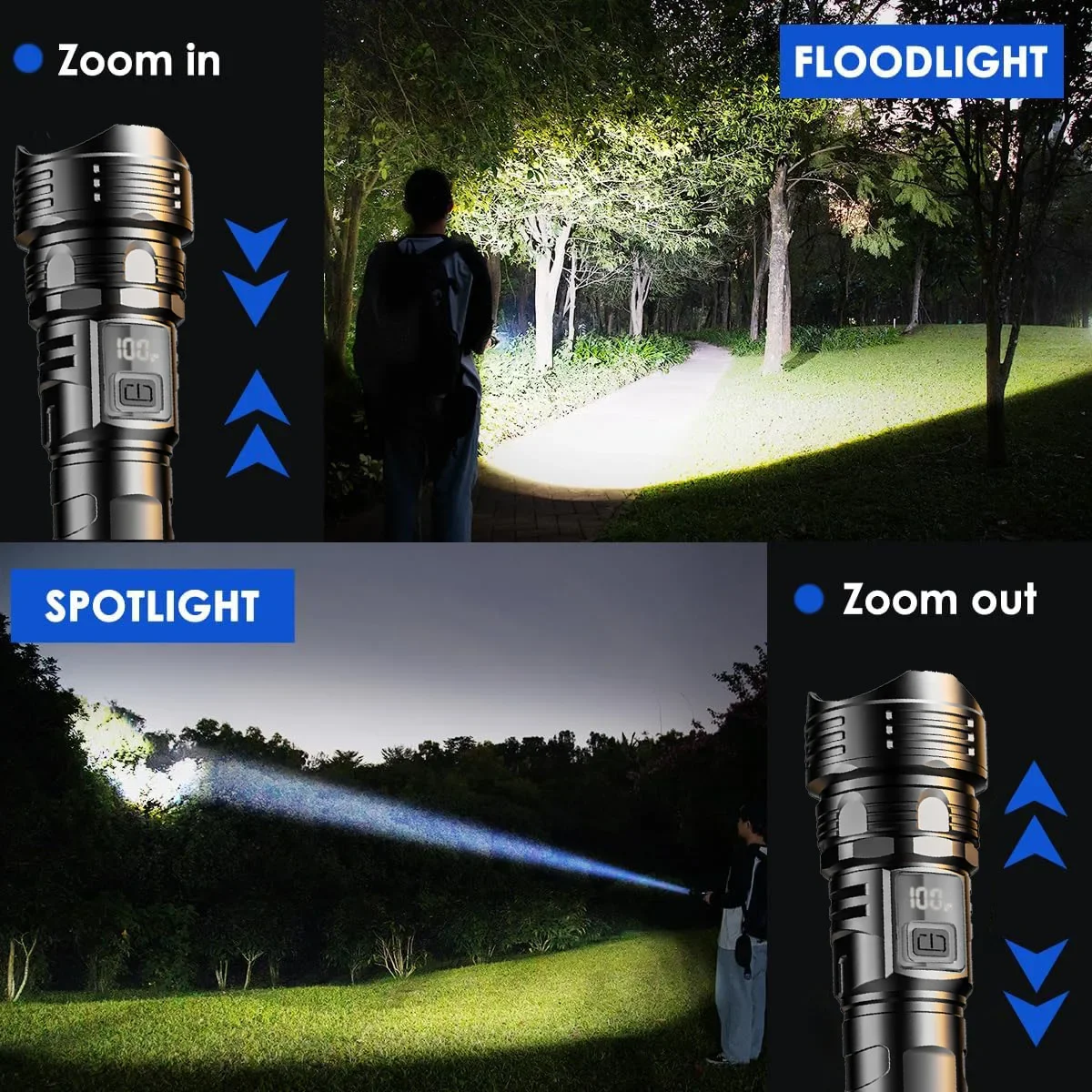 LED-zaklamp Superheldere oplaadbare draagbare Ultra Power-zaklamp Intrekbare digitale zoomhandlamp voor kamperen