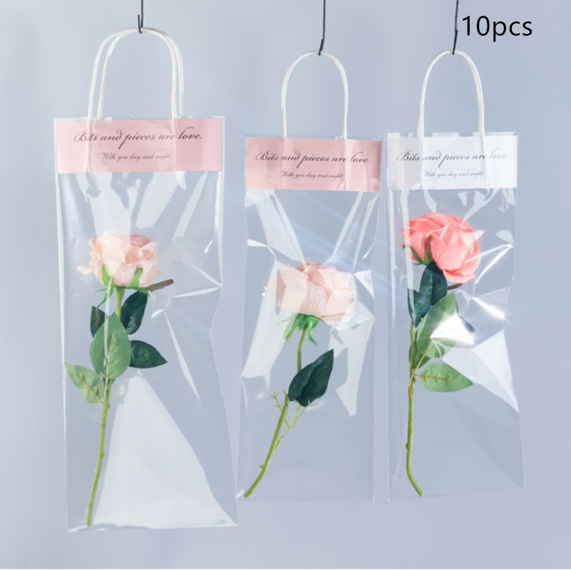 Sacs transparents avec poignées pour fleuriste, 10 pièces, sac à main Transparent étanche pour emballage de en plastique pour fleurs