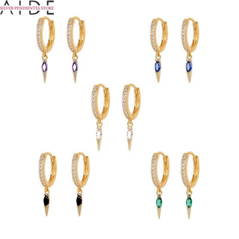 Aide 925 Sterling Zilveren Diamanten Klinknagel Kegel Gesp Oorbellen Vrouwen Groen Zwart Paars Blauw Wit Zirkoon Hoops Oorbellen Brincos
