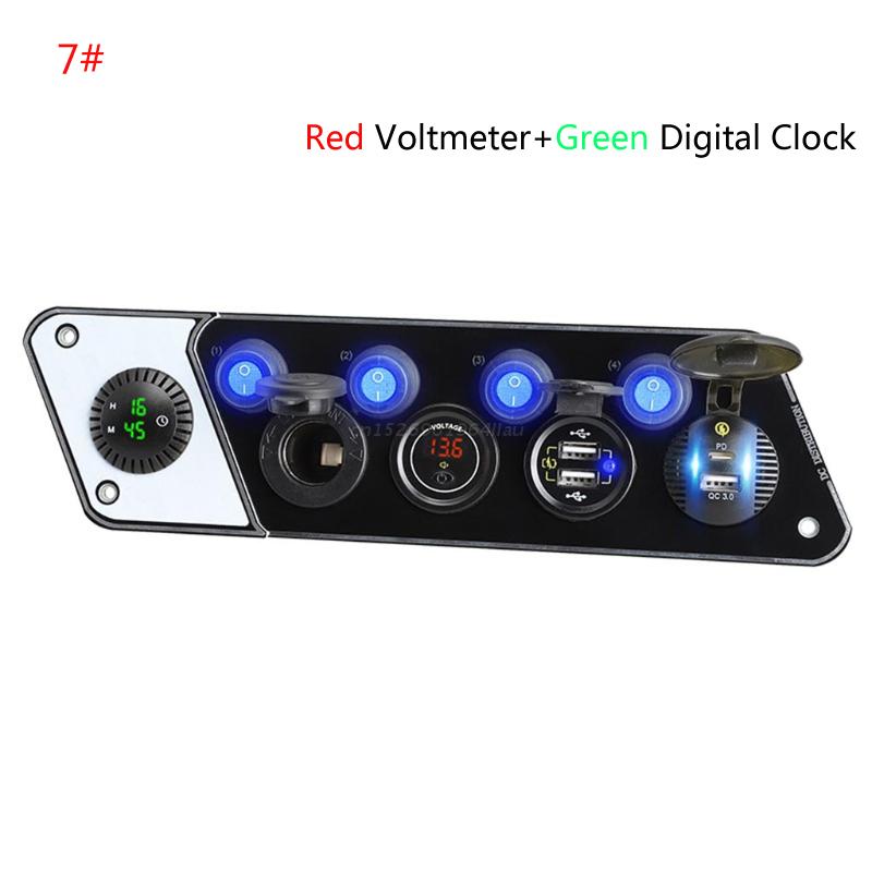 Multifunctional RV Phone Charger 12-24V PD QC3.0 Charging Socket with Voltmeter Digital Clock with 4 Switch: 7