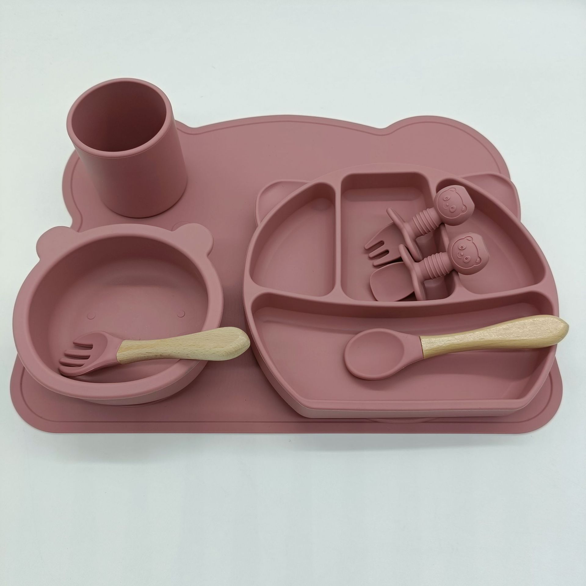 8PC Baby Silicone Sucker Plate Bowl Cup Spoon Fork Placemat Sets Food Grade Children&#39;s Compartment Training Dishes With Sucker