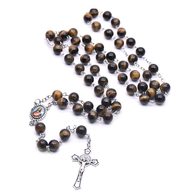 Rozenkrans Gebed Kraal Tiger Eye Steen Ketting Cross Christian Lucky Amulet Sieraden N1HA