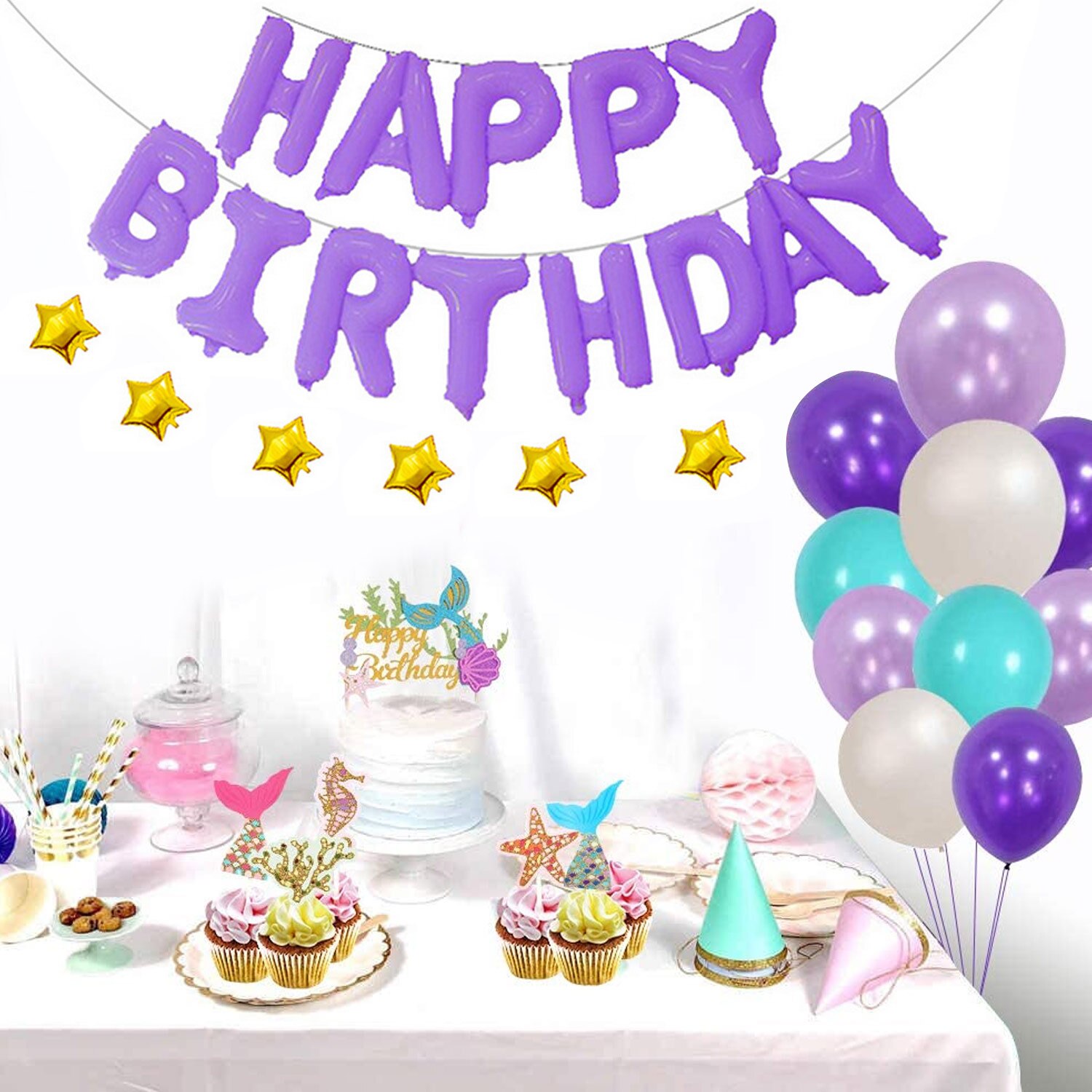 49pcs Birthday Party Decorations Set with Happy Birthday Banner Mermaid Star Foil Balloons Tassels for Girls Children