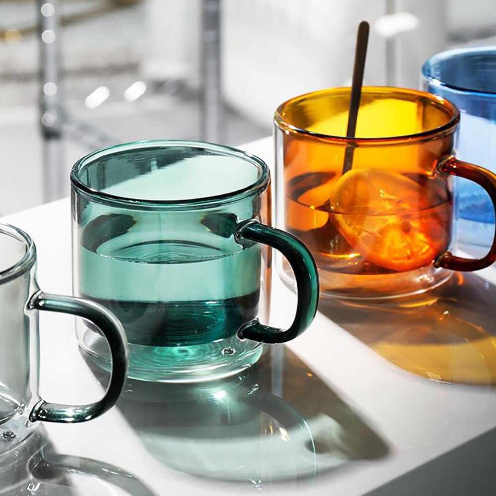 Vasos dobles de Color hechos a mano, tazas de cristal de borosilicato de alta resistencia al calor para el desayuno, tazas de 250ml para café, leche, jugo, avena