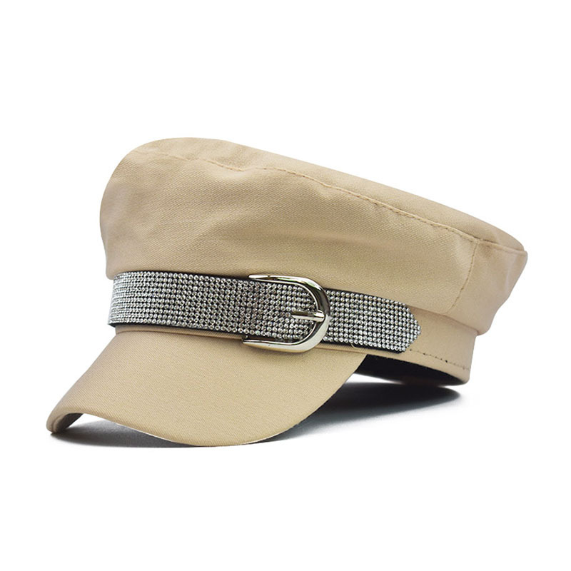 Boné de jornal feminino moda boina paperboy chapéu octogonal chapéus com prata strass cinto bukle para outono inverno primavera: Khaki
