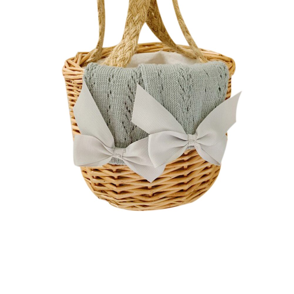 Ademende meisjes mesh kousen herfst kinderen zoete stijl effen kleur strik decoratie holle sokken tot halverwege de kuit: Grijs / 6-8 jaar 17-19cm