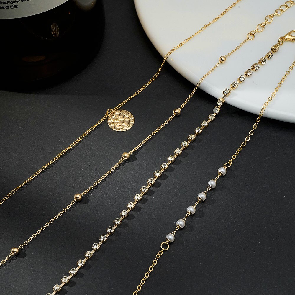 EN Female Gold Color Round Pendant Anklets For Women Pearl Bead Chain Ankle Bracelets Girls Barefoot on Leg Chain Beach Jewelry