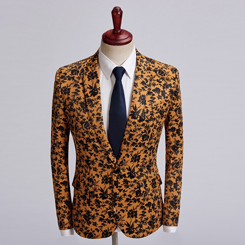 Pyjtrl men plus size casual kavaj orange svarta blommor mönster kostym jacka slim fit bröllop brudgum disfraz hombre scenkläder: Platt krage / Oss storlek  m 40r
