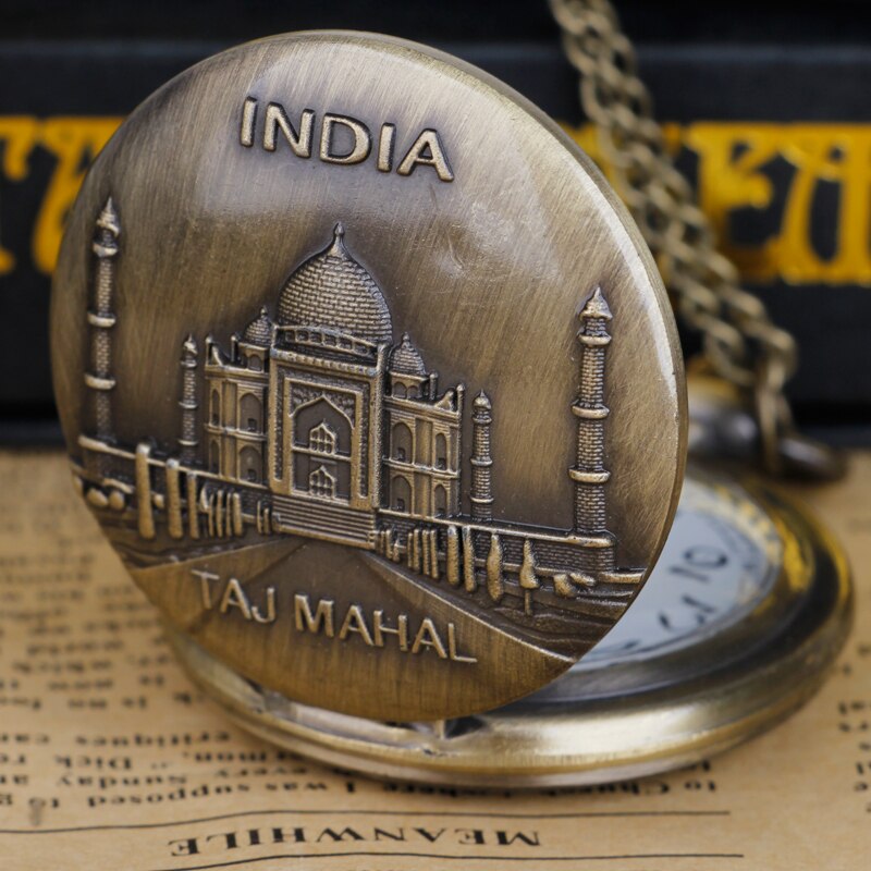 Exquisite India Taj Mahal Display Bronze Pocket Watch Quartz Necklace Pendant Clock Full Hunter with Fob Chain Souvenir