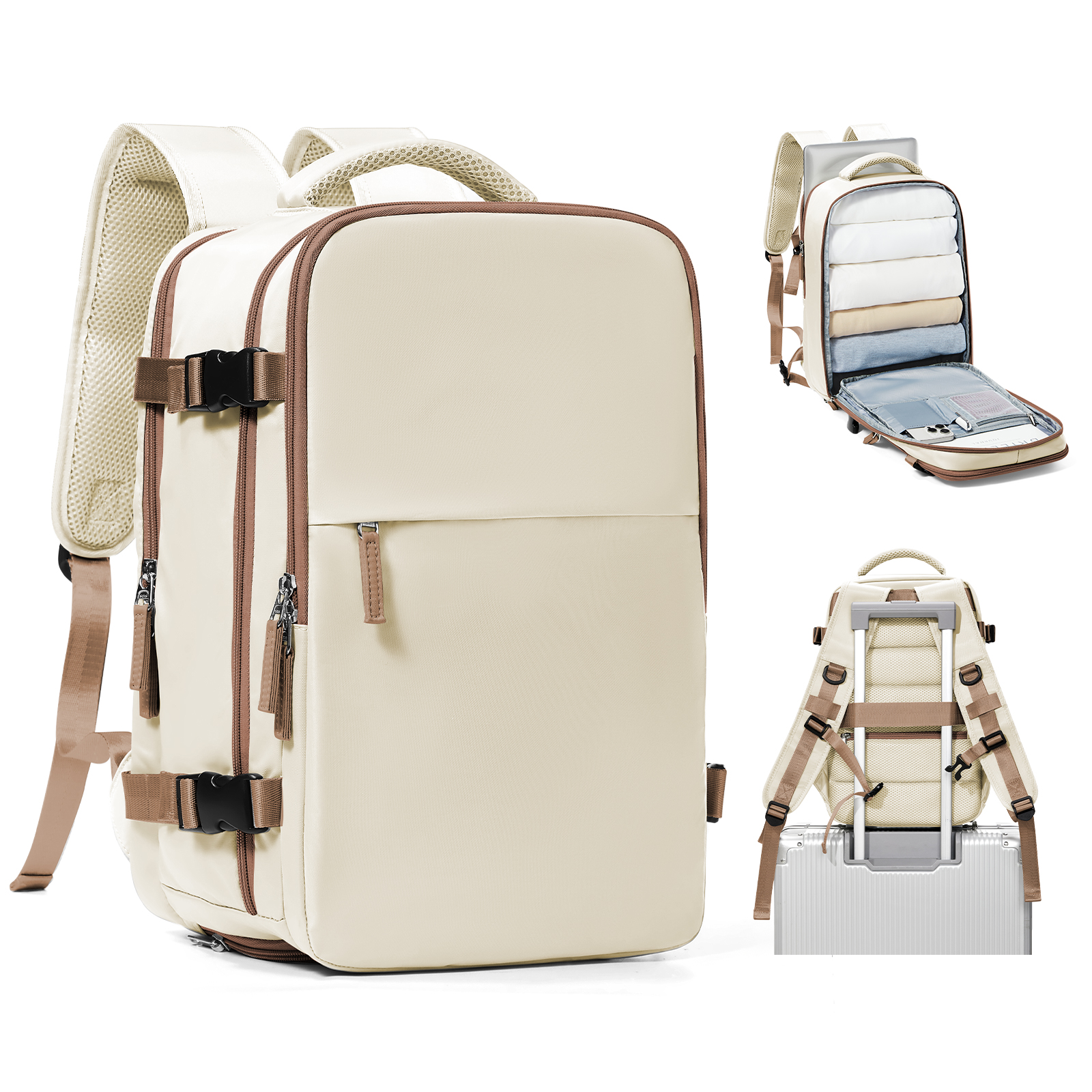 Mochila de viaje para avión de cabina Ryanair 40x20x25 aprobada por vuelo, mochila para ordenador portátil para mujeres y hombres, mochila femenina de: 12 pulgadas / Beige