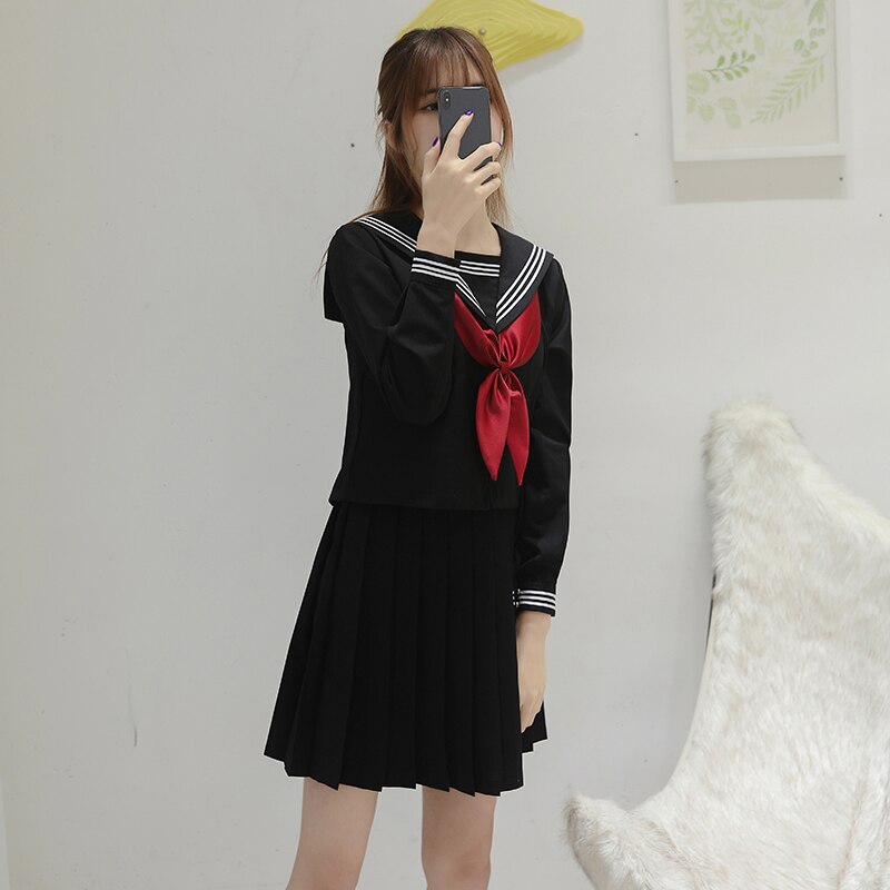 Japanese Sailor Suit School Girl Uniform JK Black Basic Orthodox Sailor Uniform Student Classic Clothes Schoolgirl Pleated Skirt: Long Sleeve Set / L