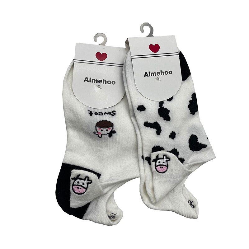 Calcetines con estampado de vaca para mujer, medias informales de algodón con dibujos de animales, negros, blancos y manchas, Kawaii, para verano, 2 pares