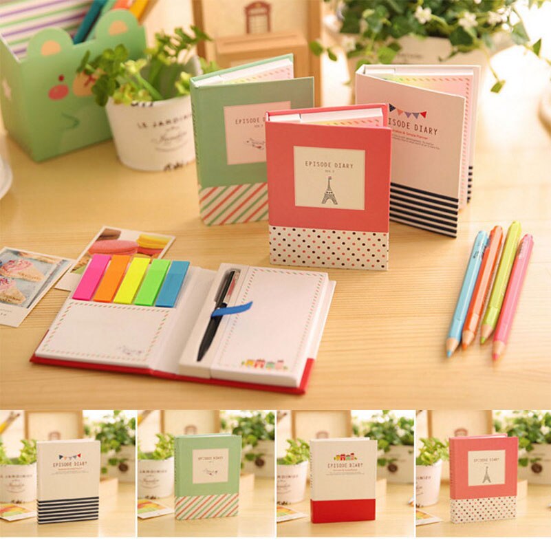 Cuaderno de notas de tapa dura Kawaii, libreta de correos con bolígrafo, diario con notas adhesivas, suministros escolares de oficina