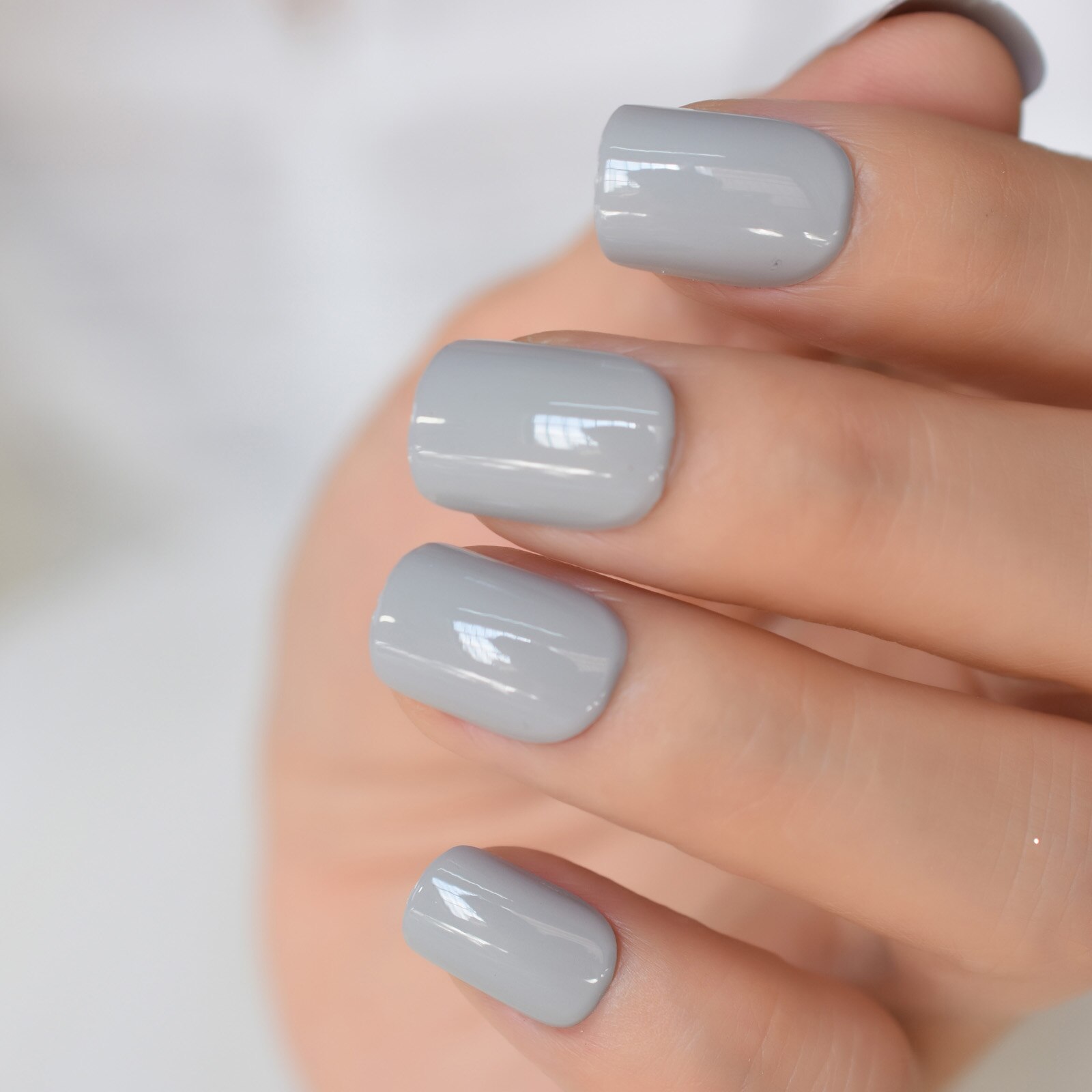 Faux Ongles à pression, brillant, haute luminosité, couverture complète, gris clair, couleur unie, manucure, avec onglets de colle