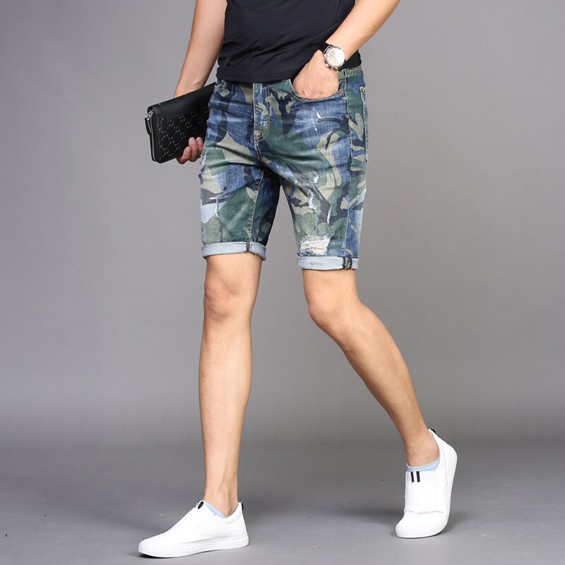 Shorts heren gescheurde denim camouflage jeans zomer dunne stretch rechte korte jeans streetwear knielange broek