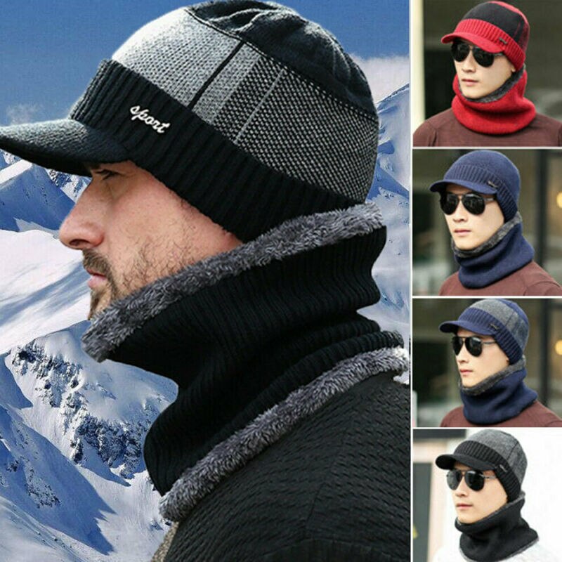 2 stk mænd vinter hatte varm hals cirkel uld strik visir fleece foret beanie hat tørklæde skullies med brim cap