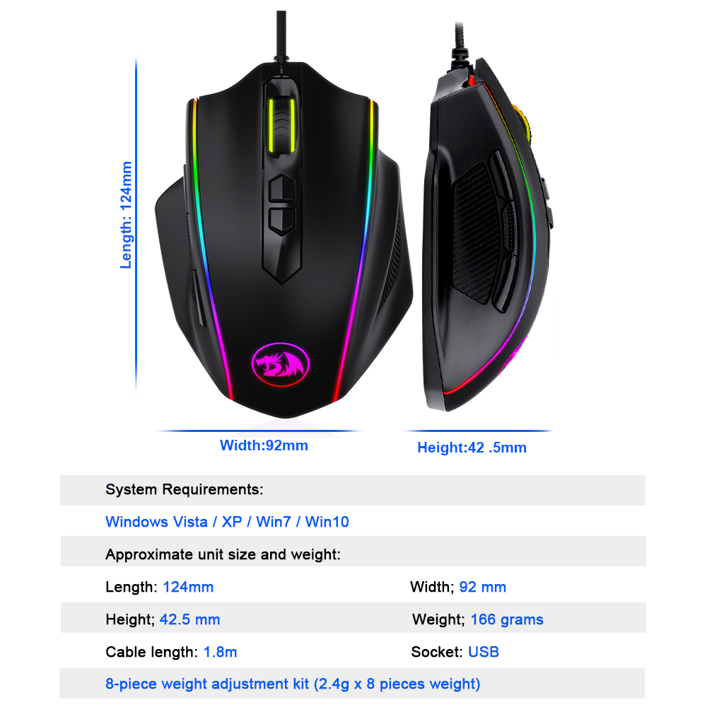Redragon M720 RGB Vampire USB Wired Gaming Mouse 10000 DPI 8 buttons mice Programmable ergonomic For Computer PC Gamer