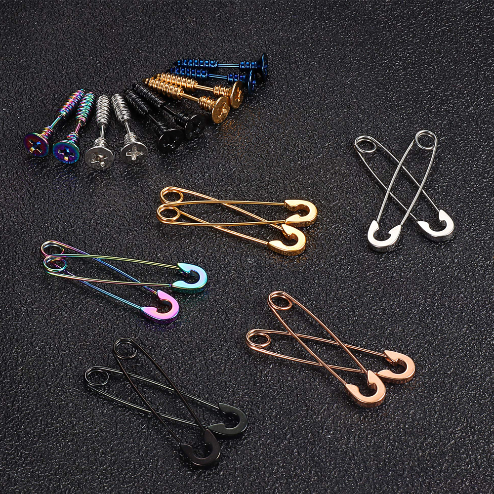 1 par 16g unisex ørestikker i rustfrit stål til mænd, punk, goth, hiphop-stil, spike, krydsskruer, sikkerhedsnåle, hoop-øreringe