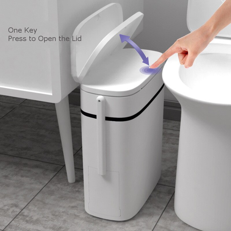 Narrow Bathroom Trash Can Set with Toilet Brush Plastic Dustbin Waste Bin Garbage Bucket Garbage Bag Holder Dispenser 2 in 1