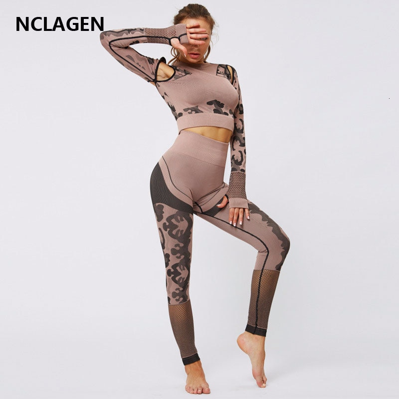 Yoga sæt sport kvinder fitness dragt nylon sømløs crop top hul langærmet skjorte leggings bodybuilding bukser nclagen