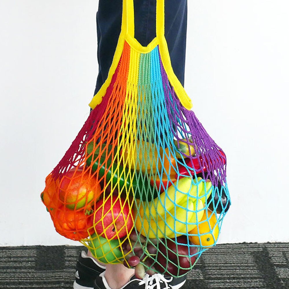 Neue Gittergewebe Einkaufstasche wiederverwendbar Schnur Obst Lagerung Handtasche Totes Frauen Regenbogen Einkaufen Gittergewebe Netto gewebte Tasche Einkaufen Lebensmittel Tasche