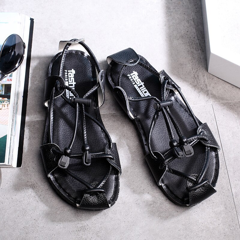 Klassikere fritid sommersandaler til mænd pu syning solide strandsandaler basic front bagstrop lav åndbare sko
