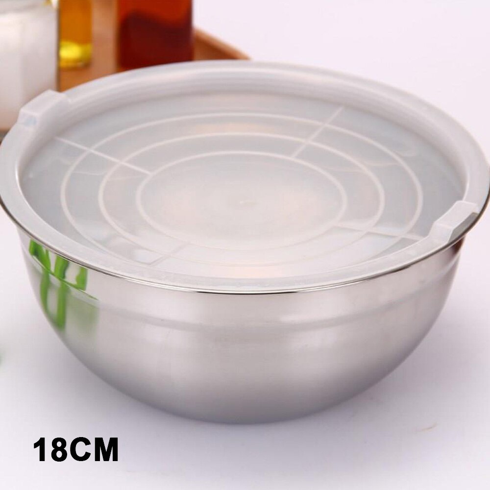 Bol de mezcla de acero inoxidable con tapas para ensaladas, caja para el almuerzo, contenedor de almacenamiento de alimentos, herramienta de cocina, 18/20/22/24CM: 18cm