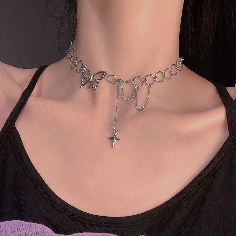 Silver Color Irregular Choker Necklace for Women Rhinestone Pendant Short Collar Clavicle Chain Jewelry: C