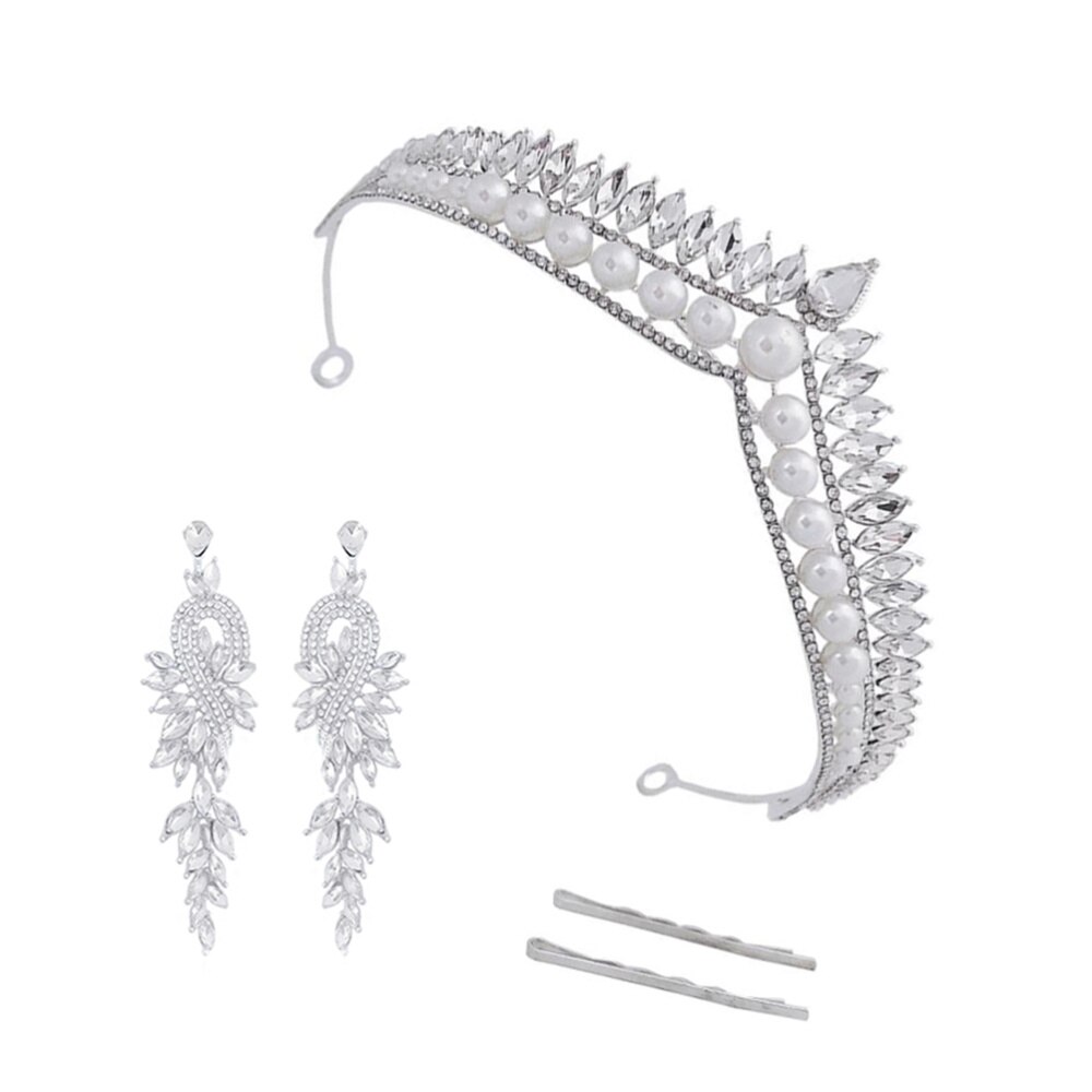 1 Juego de accesorios de vestido de novia corona horquilla pendiente Kit joyería novia joyería decorativa para mujer (plateado