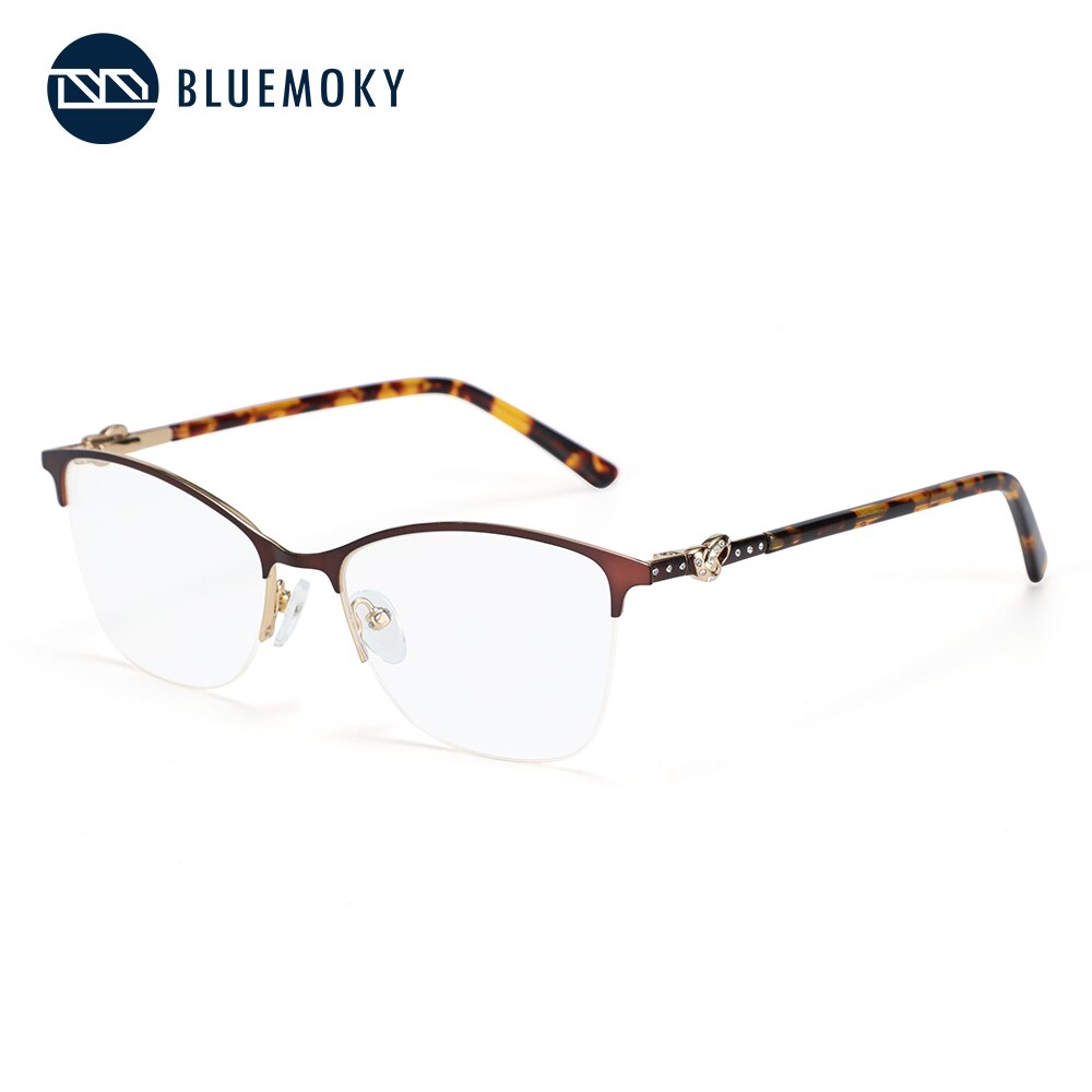 BLUEMOKY Alloy Metal Half frame Glasses Frames Semi-Rimless Spectacle Eyeglasses Frame for Women Prescription Optical Eyewear: Brown
