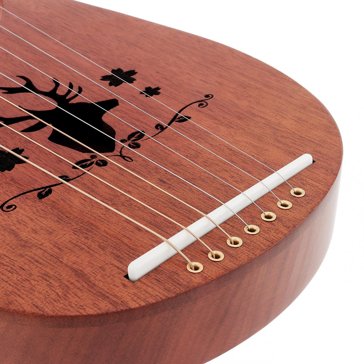 7 String Lyre Harp Solid Mahogany Wood Carving Reindeer with Tuning Hammer String Instrument