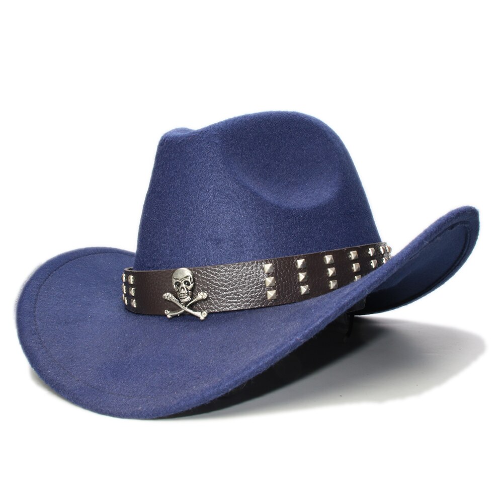 Sombrero de ala ancha de lana para niños, gorra de Fedora, banda de cuero con Calavera, Estilo Vintage Retro, vaquero, Occidental, ajustable, 54cm: Navy