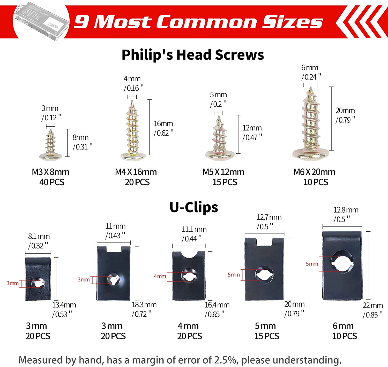 QEEPEI 170PCS Car U Clip with Screw Assortment Kit Automotive U Nut Screw Clip Metal Body Panel Clip Fasteners