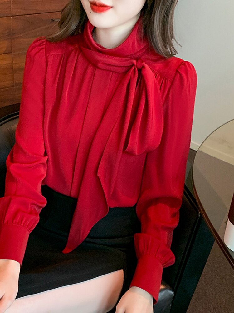 Zijden Sjaal Chiffon Shirt Vrouwen Solid White Ontworpen Office Dames Losse Blouse Vrouw Tops Blusas Mujer Lente 2022
