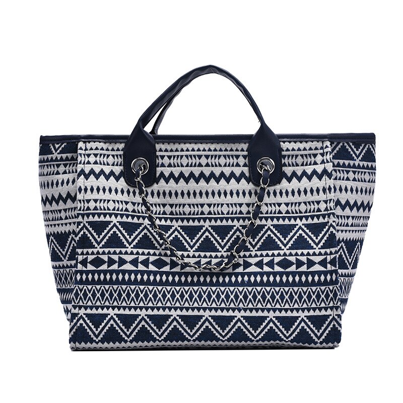 Canvas Women Large Capacity Tote Bags Prints Shopping Bags Ladies Chain Shoulder Bag: Dark Blue
