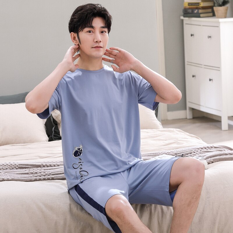 Summer Modal Men Pajamas Set Short Sleeve Round Neck Casual Soft Male Sleepwear L-4XL Pyjamas Homme