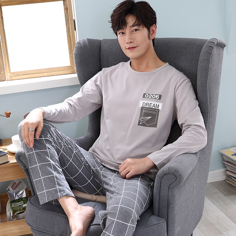 SONG SpringWinter Long Sleeve Pajamas Sets Male Casual Round Neck Household Leisure Home Pyjamas 2 Pieces Young