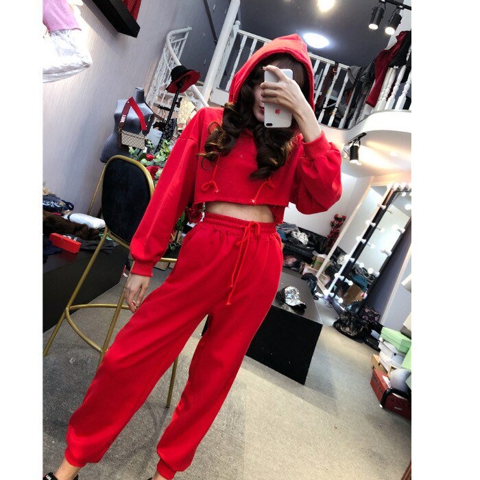 Meisje Mode Casual Pak Student Zomer Losse Cool Effen Jas Broek Twee Papieren Jurk Pak-Jurk Twee-stuk Pak Met Kap: red / M