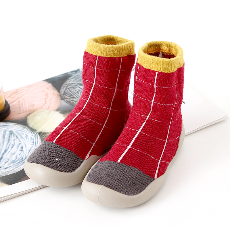 Unisex Toddler Socks Shoes Anti-slip Baby First Walker Shoes Boys Girls Kids Rubber Soft Floor Shoes Winter Warm Knit Booties: Red / 12.5CM(6-12Months)