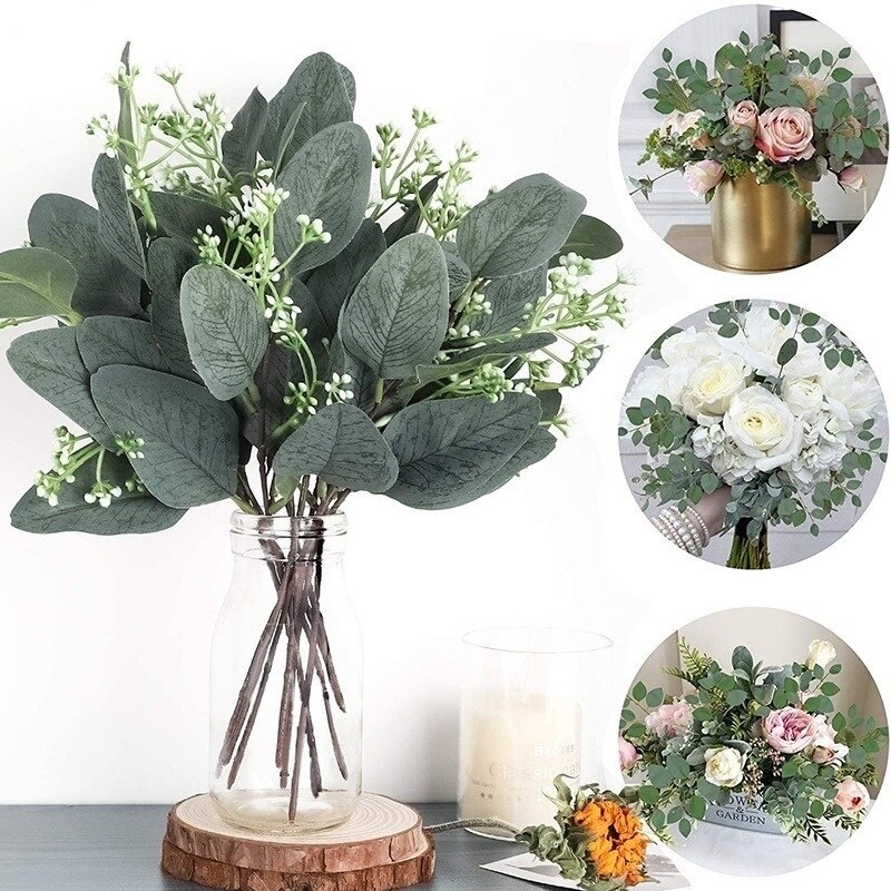 5 stk kunstige eukalyptusblade kunstige planter til blomsterbuketter stængler eucalipto grene bryllupsdekoration boligindretning