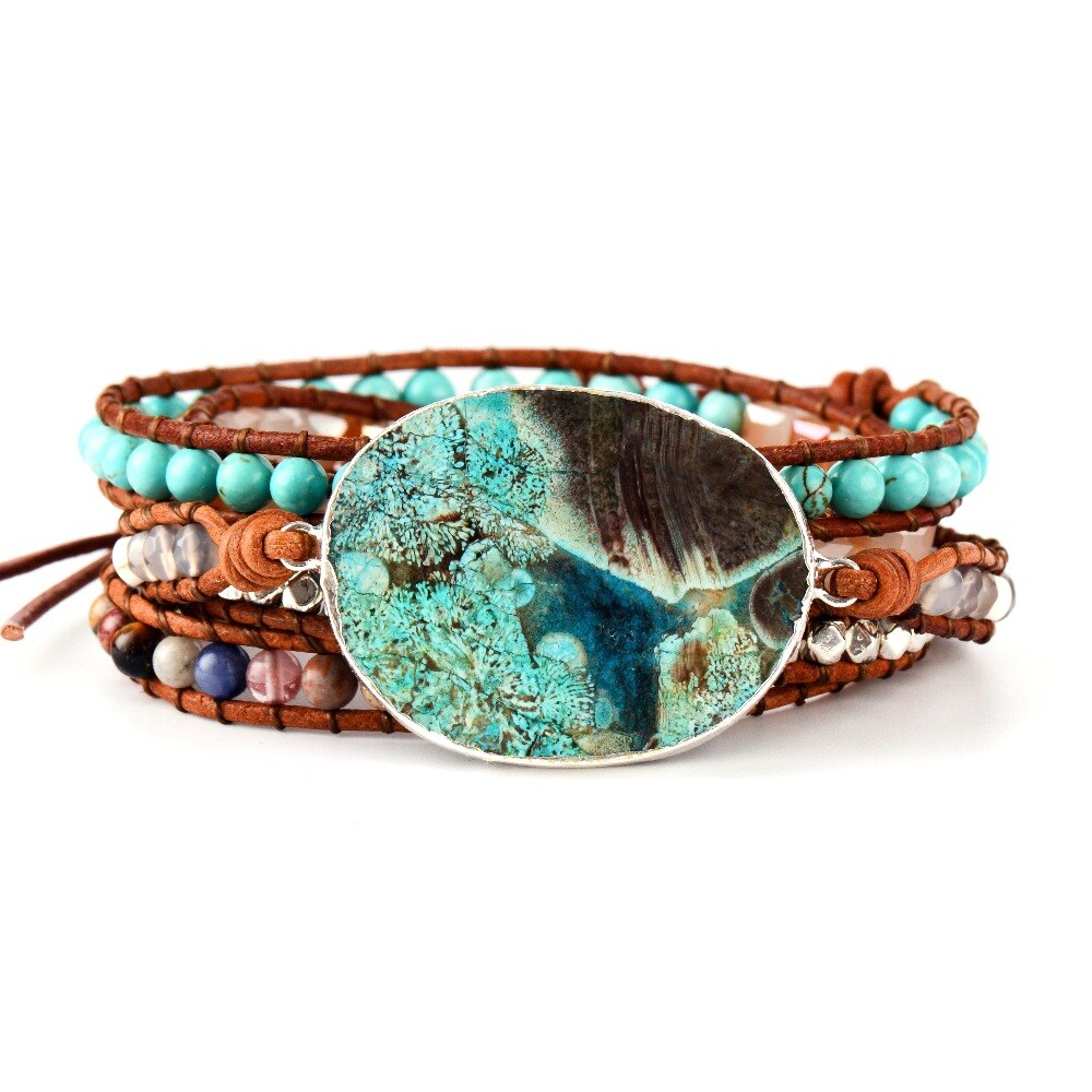 Vrouwen Lederen Armband Unieke Gemengde Natuurlijke Stenen Vergulde Steen Charm 5 Strengen Wrap Armbanden Handgemaakte Boho Armband